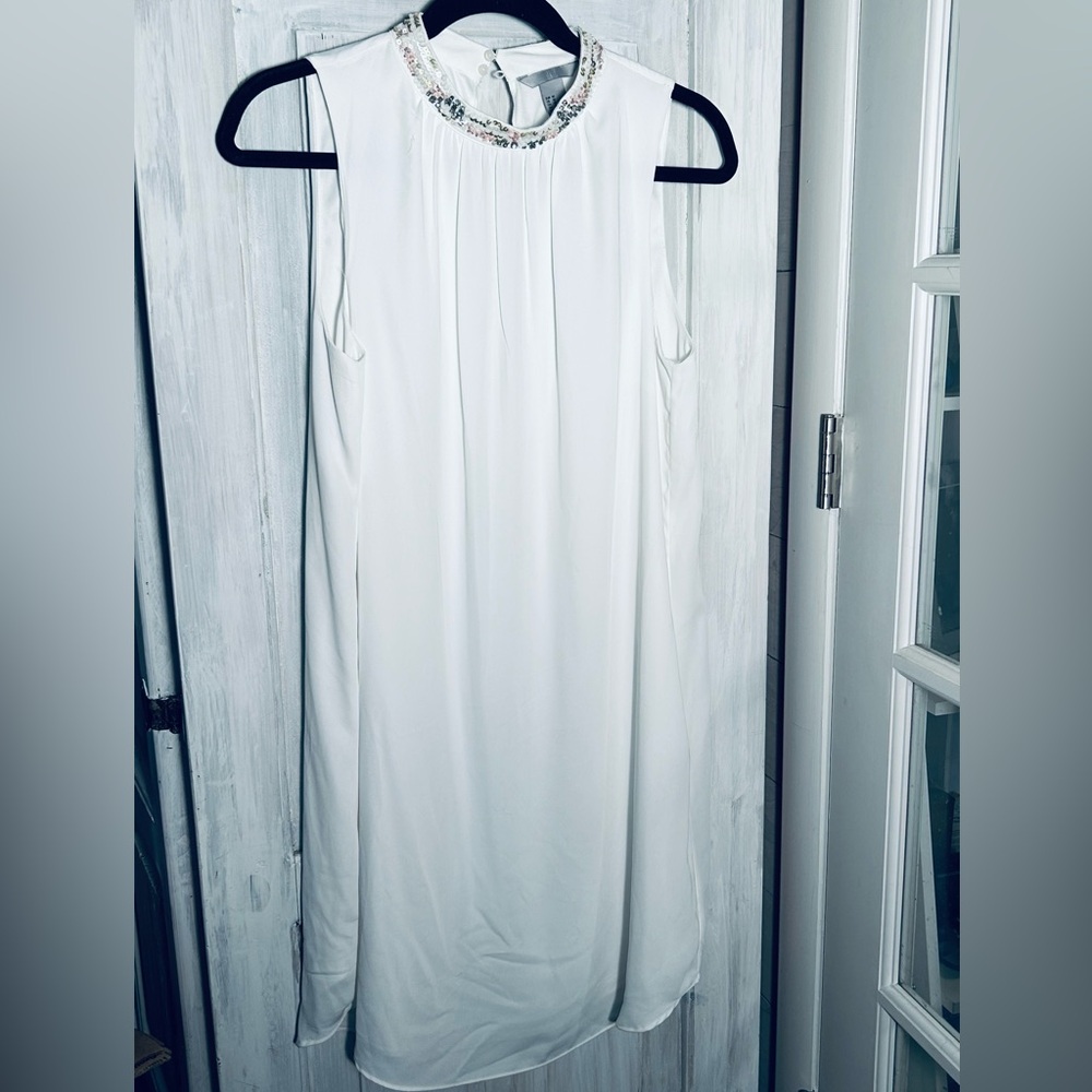 H&M White Embellished Mini Dress with Beaded Neckline, lined.